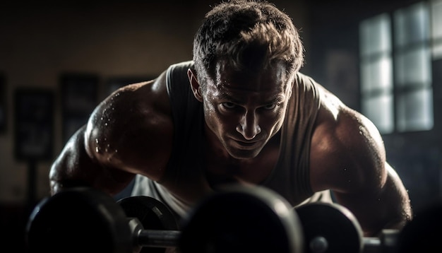 Homme musclé faisant de l'exercice avec haltère dans une salle de sport générée par l'IA