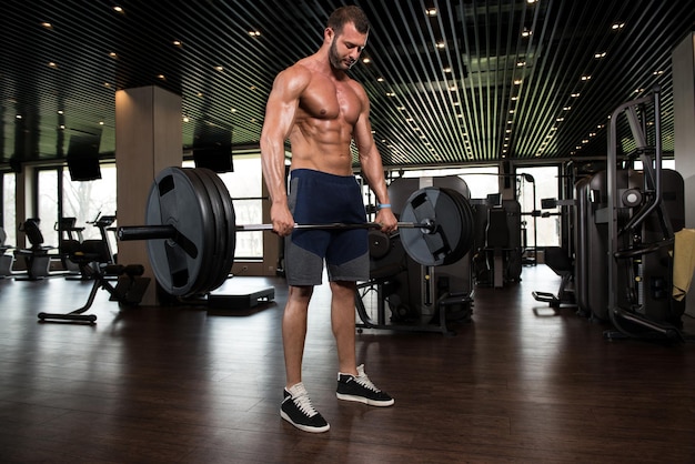 Homme musclé faisant des exercices de poids lourds pour le dos avec des haltères dans une salle de sport moderne