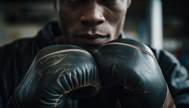 Homme musclé frappant avec détermination dans un ring de compétition de kickboxing généré par l'IA