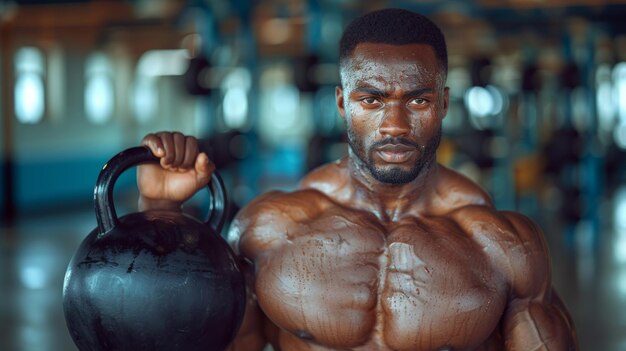 Un homme musclé s'entraîne avec un kettlebell dans un gymnase à domicile