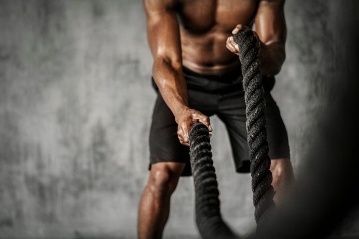 Photo homme musclé travaillant sur les cordes de combat dans une salle de sport