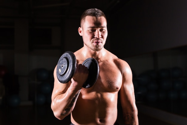 Homme musclé travaillant dans une salle de sport faisant des exercices avec des haltères au biceps, torse nu masculin fort