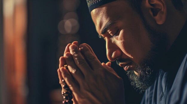 Photo un homme musulman asiatique prie avec des perles de prière