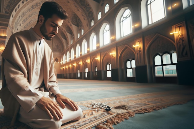Un homme musulman assis dans une mosquée lisant le Coran avant la prière. Prière musulmane et mosquée avec un Salah spirituel. Culte et prière avec des amis islamiques observant la tradition du Ramadan.