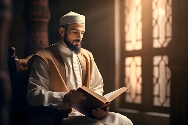 Photo un homme musulman lit un livre.