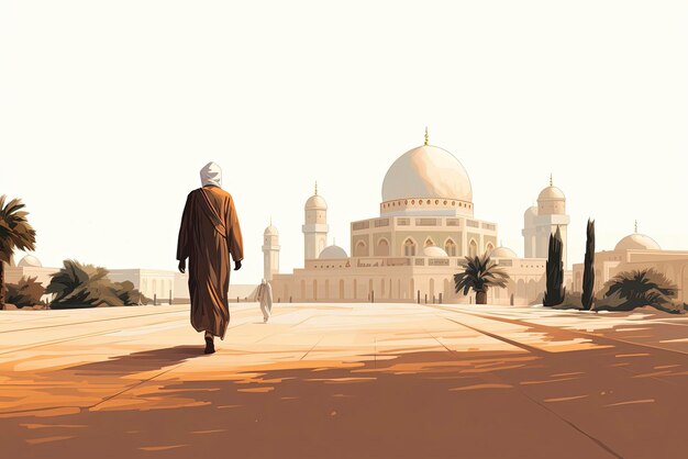 Photo un homme musulman marchant vers une mosquée à la lumière du jour sur un fond blanc
