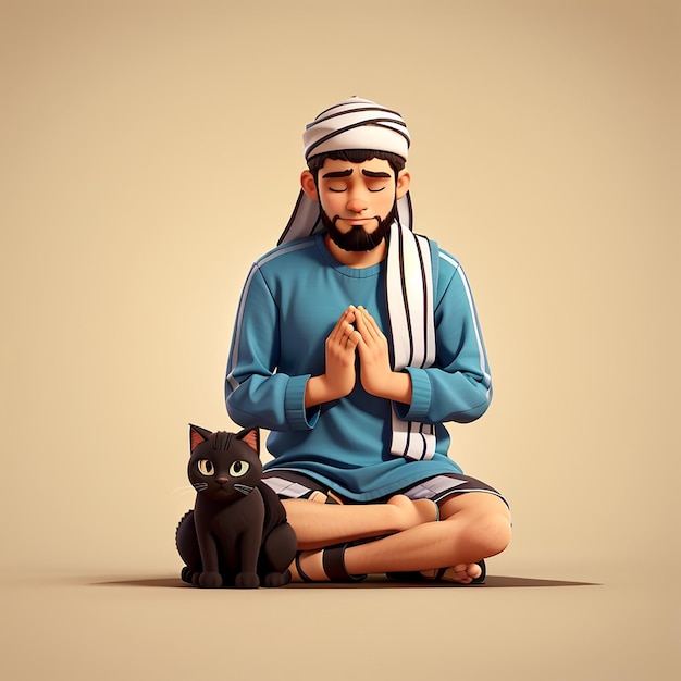 Homme musulman priant avec un chat dessin animé icône vectorielle illustration personnes religion icône concept isolé