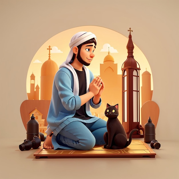 Homme musulman priant avec un chat dessin animé icône vectorielle illustration personnes religion icône concept isolé