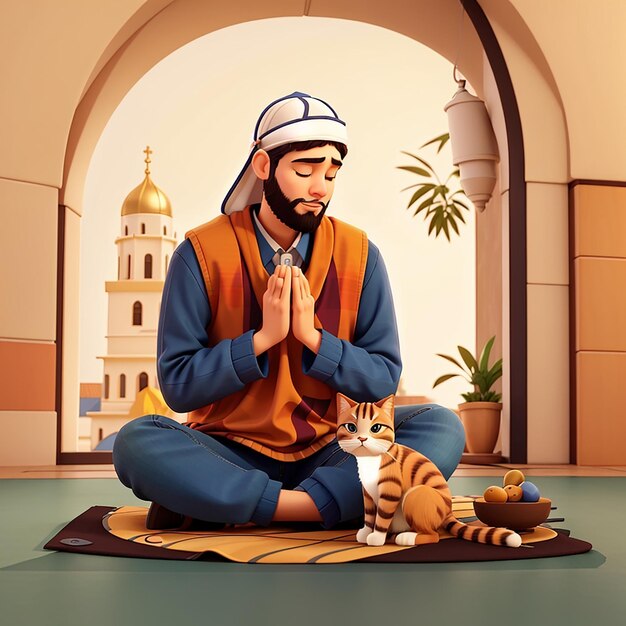 Homme musulman priant avec un chat dessin animé icône vectorielle illustration personnes religion icône concept isolé