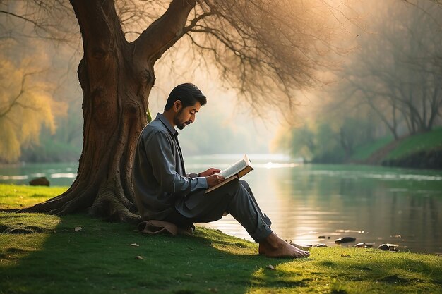 Homme musulman priant à l'extérieur Lire le Coran dans la nature verte Le lever du soleil et le paysage naturel Treepond