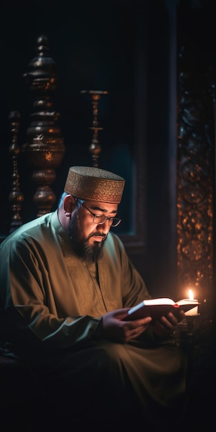 Un homme musulman en turban lit le Coran avec une bougie brûlante