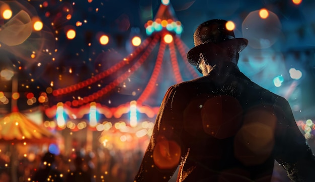 Un homme mystérieux avec un chapeau sur le fond du carnaval.