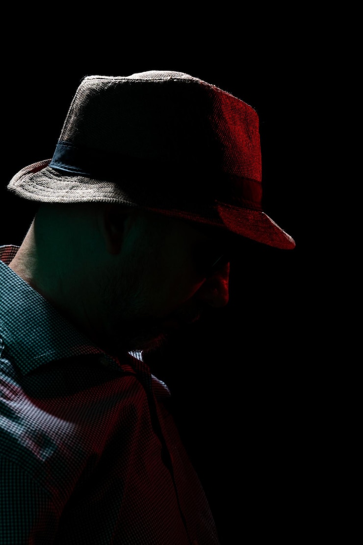Photo homme mystérieux portant un chapeau et des lunettes de soleil portrait en studio sombre