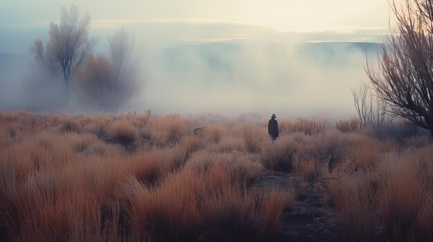 Photo l'homme mystique qui marche dans l'herbe brumeuse dans le style tonaliste