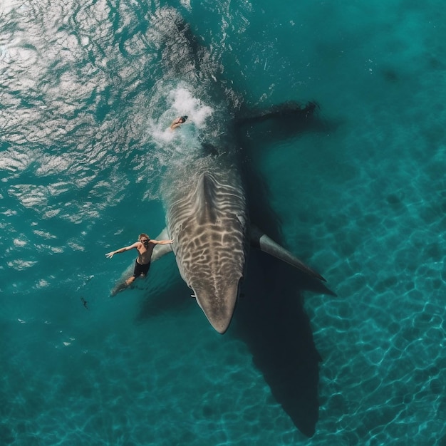 Un homme nage à côté d'une baleine dans l'océan.