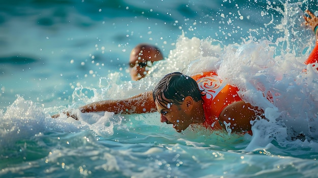 L'homme nage dans la mer agitée L'homme porte un gilet de sauvetage orange et nage vers le rivage