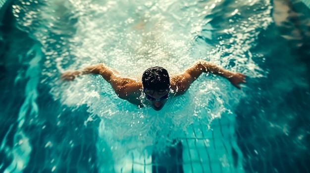 Photo un homme nage dans une piscine en portant un casque de natation