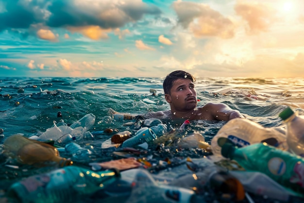 Un homme nage parmi les déchets et le plastique dans l'océan. Les déchets plastiques endommagent les écosystèmes.