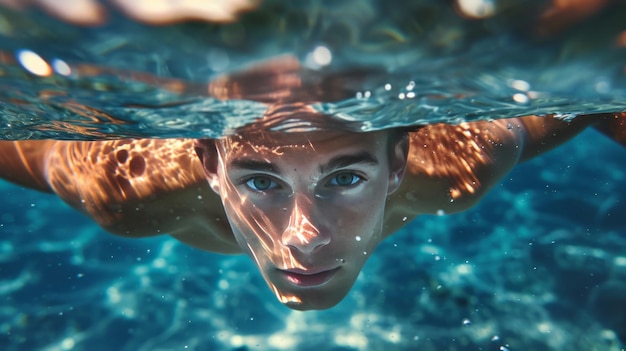 Photo un homme nage sous l'eau avec son visage en vue.