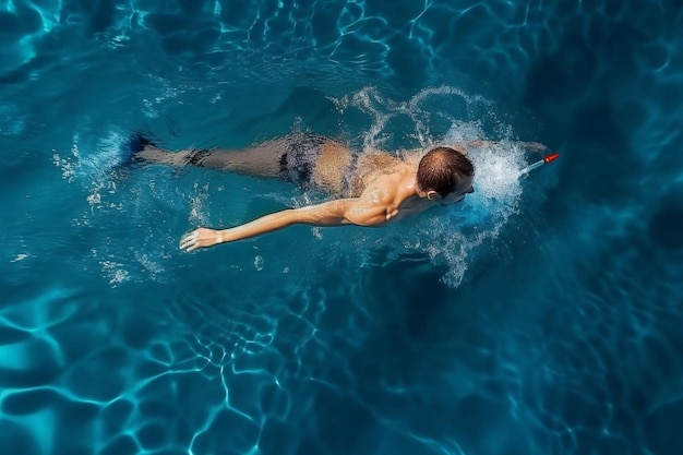 un homme nageant dans une piscine bleue avec une pagaie rouge