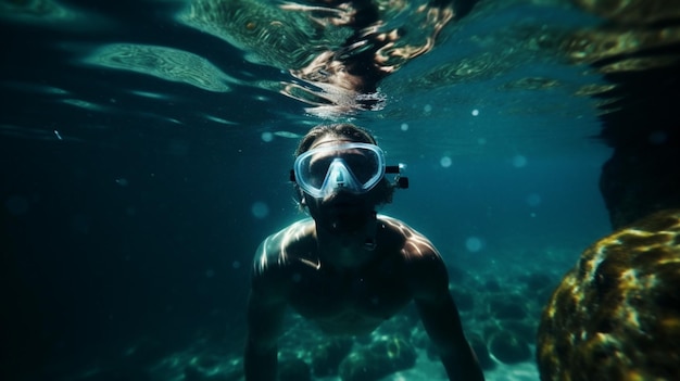 Un homme nageant sous l'eau avec un masque de plongée et un masque.