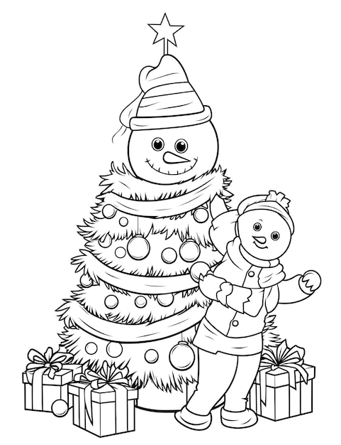 Homme de neige avec arbre de Noël page de coloriage pour enfants