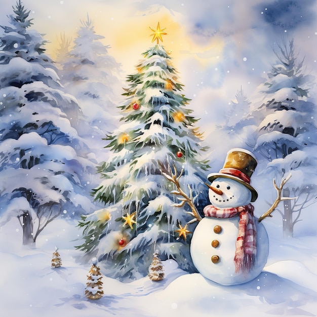 Homme de neige à côté de l'arbre de Noël aquarelle style IA générative
