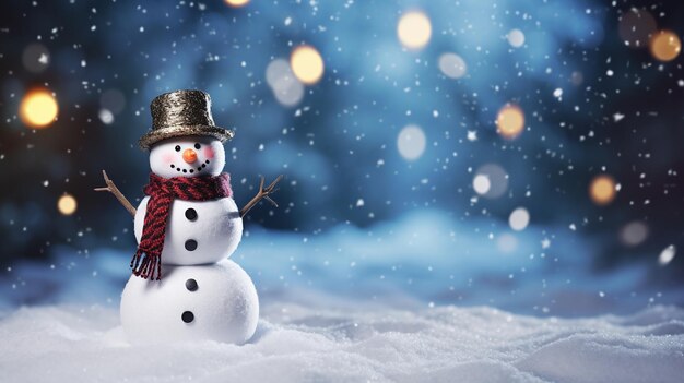 Homme de neige dans un chapeau gris sur le fond de la chute de la neige copie de l'espace