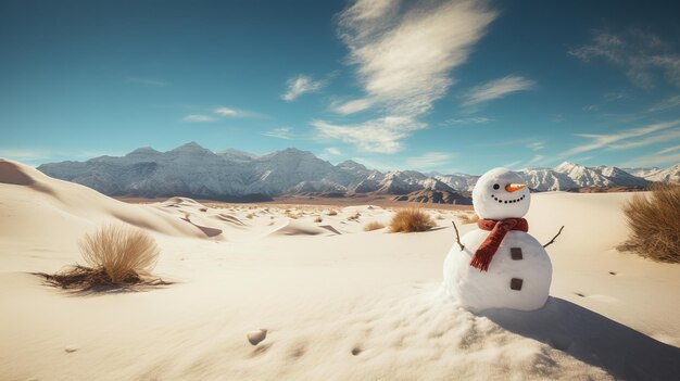 Photo homme de neige dans le désert avec des montagnes en arrière-plan rendu 3d ia générative