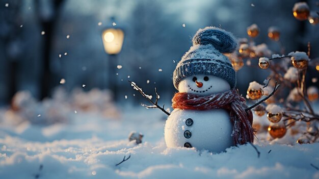 Photo homme de neige dans la neige arbre de noël arrière-plan de noël