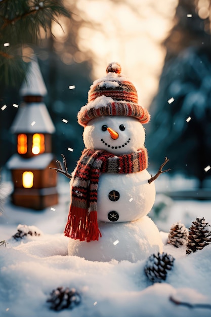 Homme de neige dans une scène de Noël d'hiver avec des pins de neige et une lumière chaude AI générative