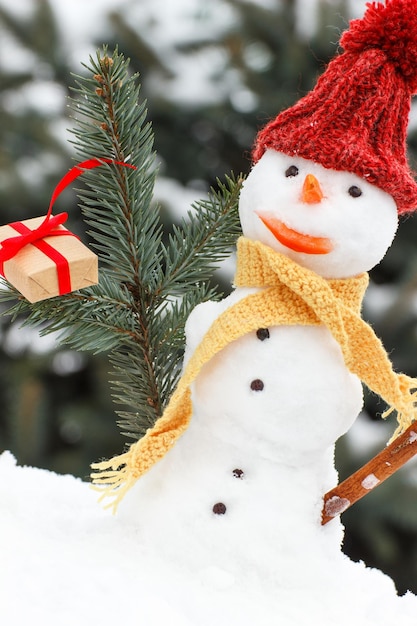 Homme de neige décoré dans un foulard de laine et une casquette avec un cadeau de Noël sur fond de neige recouverte d'arbres de conifères