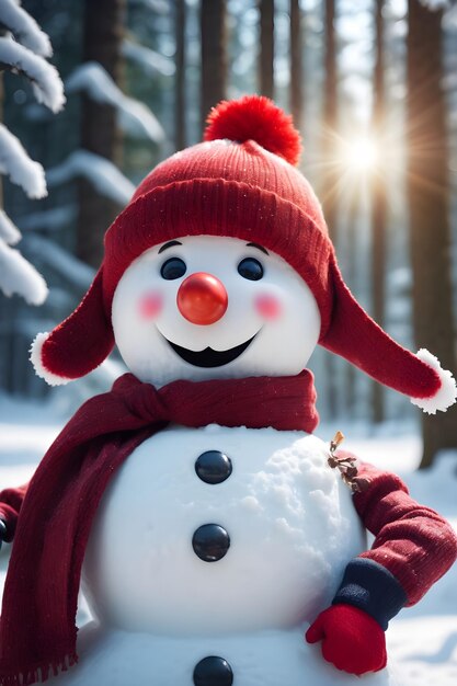 Homme de neige drôle avec un chapeau rouge et une écharpe dans la forêt d'hiver