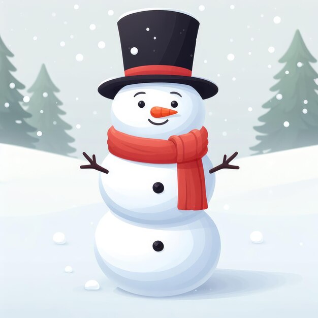 Photo homme de neige drôle dans un chapeau haut et une écharpe sur la neige dans la forêt d'hiver