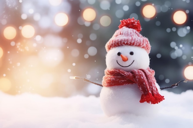 Homme de neige avec écharpe et chapeau rouges sur la neige avec fond bokeh