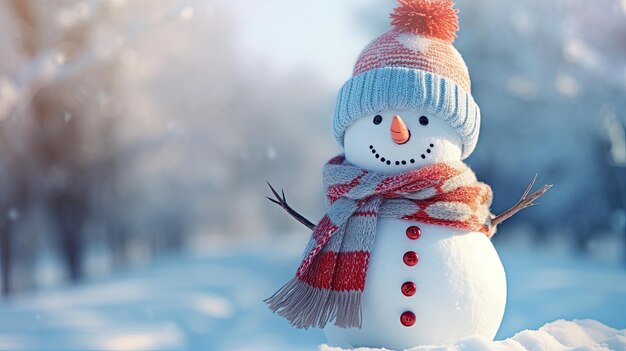 Homme de neige heureux debout avec un foulard au coucher du soleil paysage hivernal enneigé IA générative