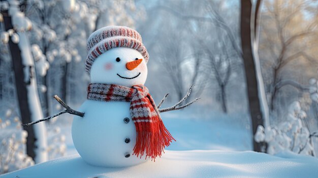 Homme de neige heureux debout avec un foulard au coucher du soleil paysage hivernal enneigé IA générative