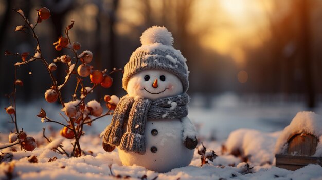 L'homme de neige d'hiver en gros plan d'un homme de neige mignon et drôle avec un chapeau de laine et une écharpe