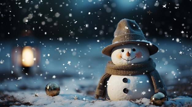 homme de neige en hiver scène de Noël avec des pins de neige et une lumière chaude