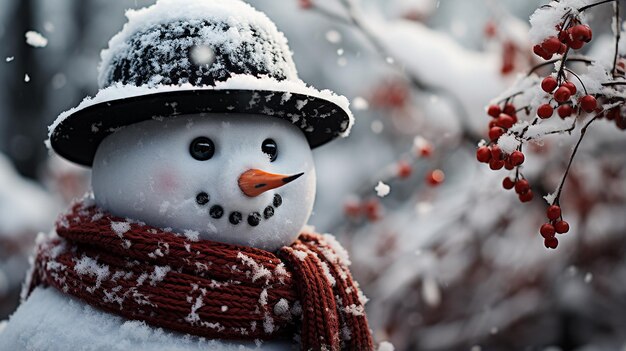 Photo homme de neige en hiver scène de noël avec des pins de neige et une lumière chaude