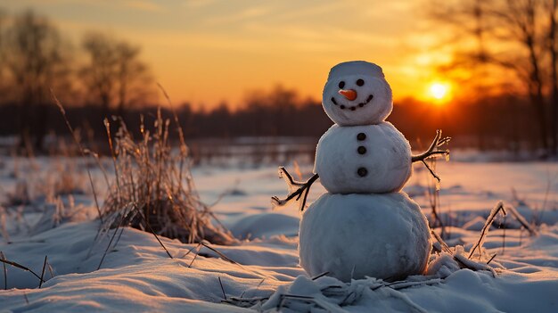 homme de neige en hiver scène de Noël avec des pins de neige et une lumière chaude