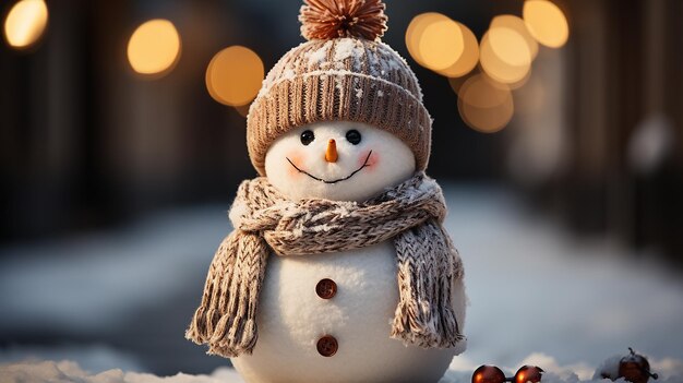 homme de neige en hiver scène de Noël avec des pins de neige et une lumière chaude