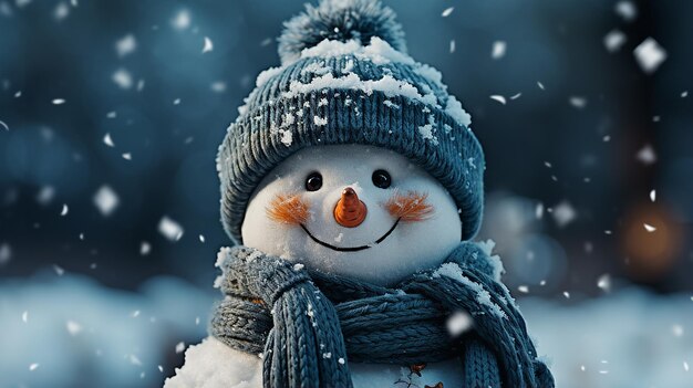 homme de neige en hiver scène de Noël avec des pins de neige et une lumière chaude