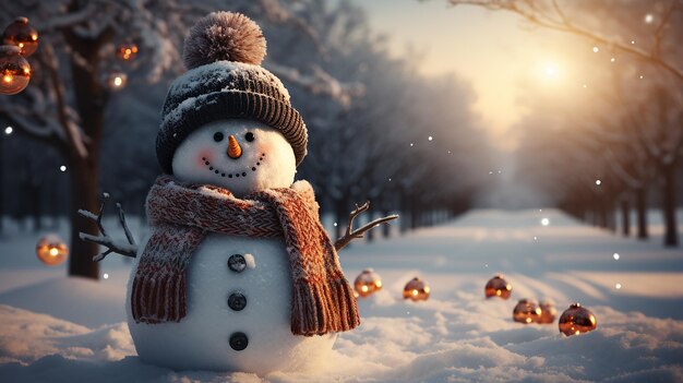 homme de neige en hiver scène de Noël avec des pins de neige et une lumière chaude