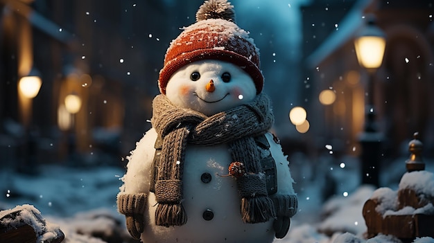 homme de neige en hiver scène de Noël avec des pins de neige et une lumière chaude