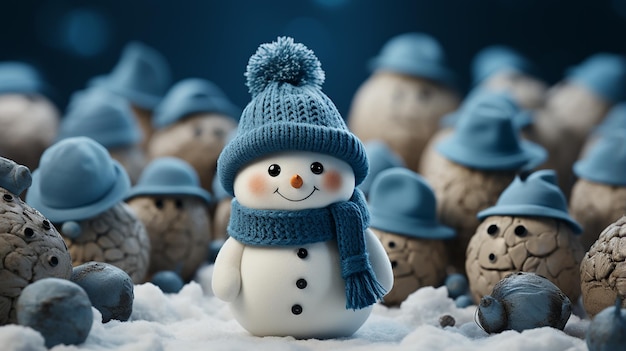 homme de neige en hiver scène de Noël avec des pins de neige et une lumière chaude