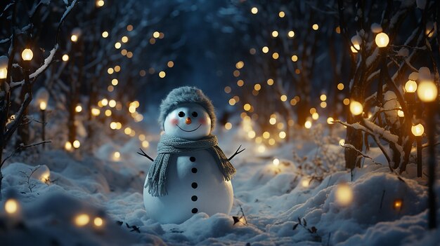 homme de neige en hiver scène de Noël avec des pins de neige et une lumière chaude