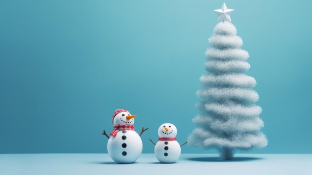 Homme de neige joyeux avec arbre de Noël sur fond bleu et espace libre génération d'IA