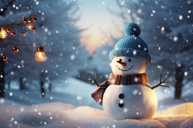 Homme de neige mignon dans la neige avec chapeau senta pour joyeux Noël et fête du Nouvel An papier peint d'hiver AI