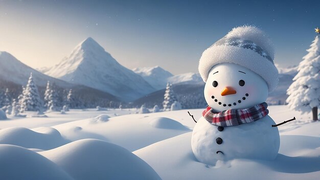 Homme de neige mignon dans un paysage de Noël moderne Flocons de neige et paysages vierges Papier peint en 8K